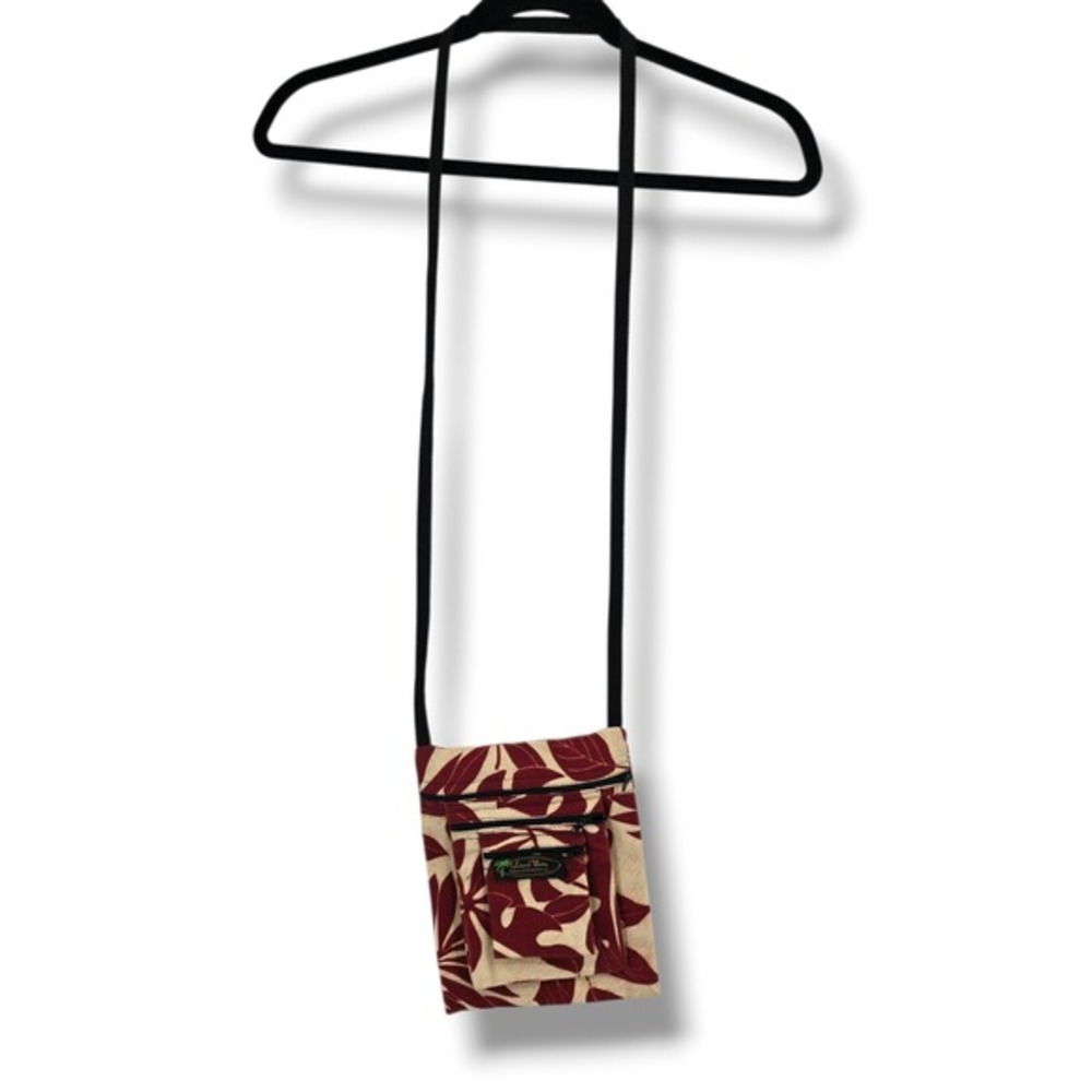 Island Wear Hawaii Crossbody Passport‎ Bag Burgundy Cream Tropical Leaf Canvas